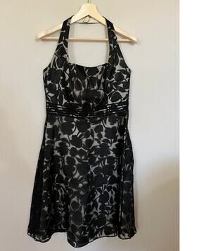 Vintage Ann Taylor Black Floral Sheer Organza Halter Dress Cream Lining Sz 12
